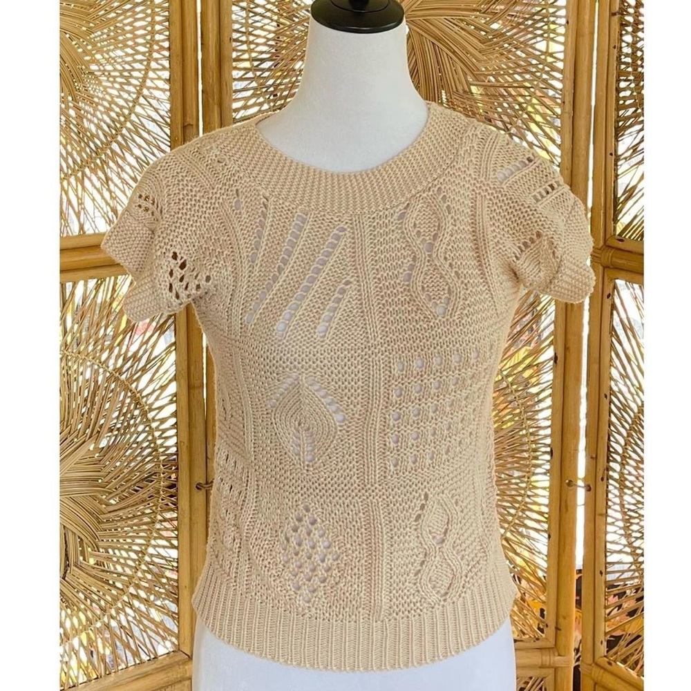Vintage Designers Originals Cream Tan Beige Open Knit Crochet Style Sweater Top - Picture 5 of 5
